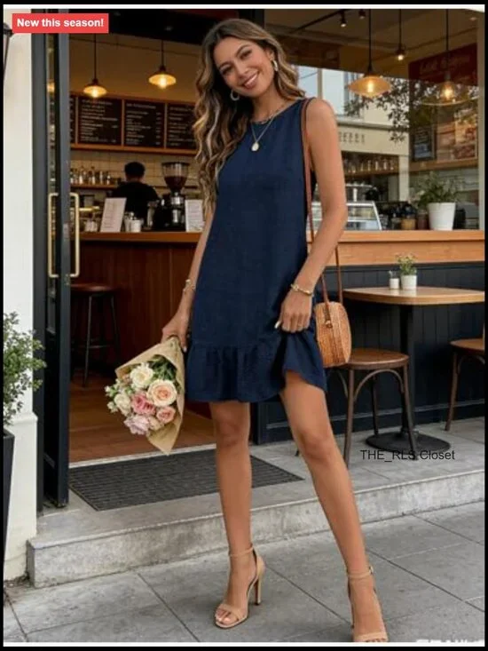 100% Polyester Tie Back Crew Neck Sleeveless Mini Dress Ruffle Hem - Picture 4 of 7